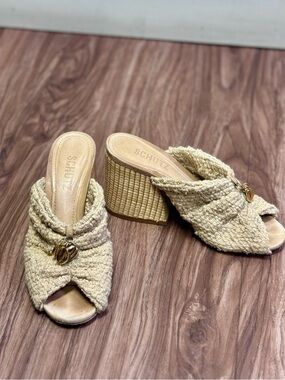 SCHUTZ Cream Woven Peep-Toe Block Heel Mules with Gold Charms